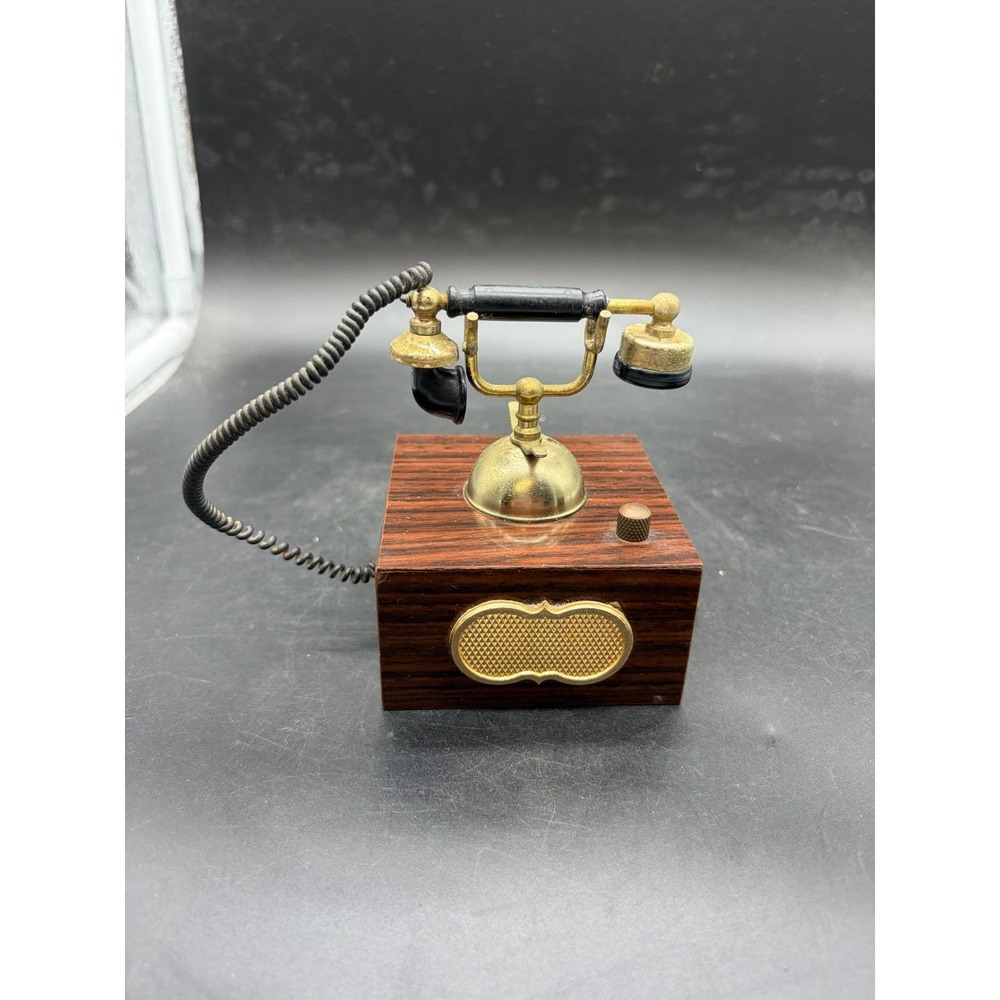 Vintage Miniature Telephone Music Box Antique Style Wood Brass Tone Decor